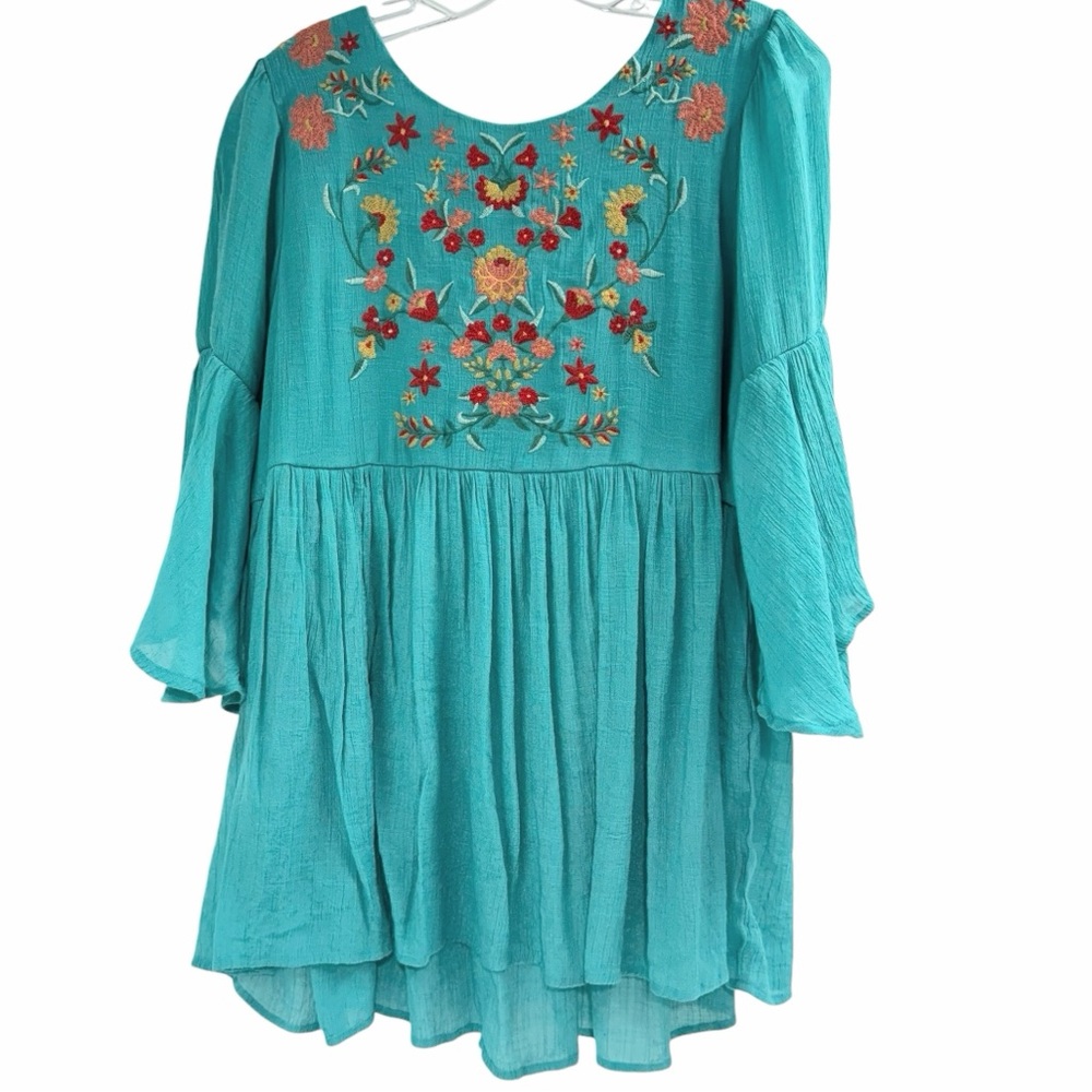 Umgee Embroidered Detail Floral Bell Sleeves Boho Tunic Dress Size 1XL